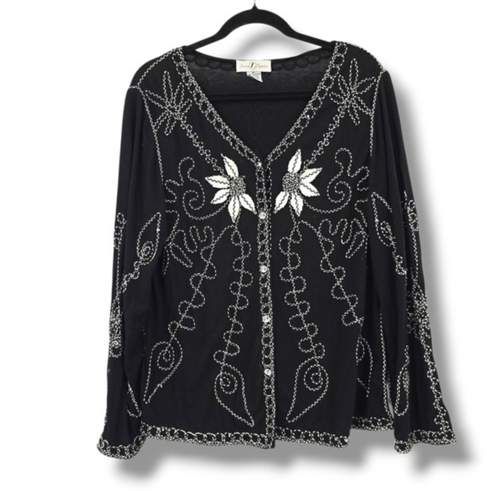 Once Again Embroidered Button Front‎ Long Sleeve V Neck Blouse Shirt Women XL